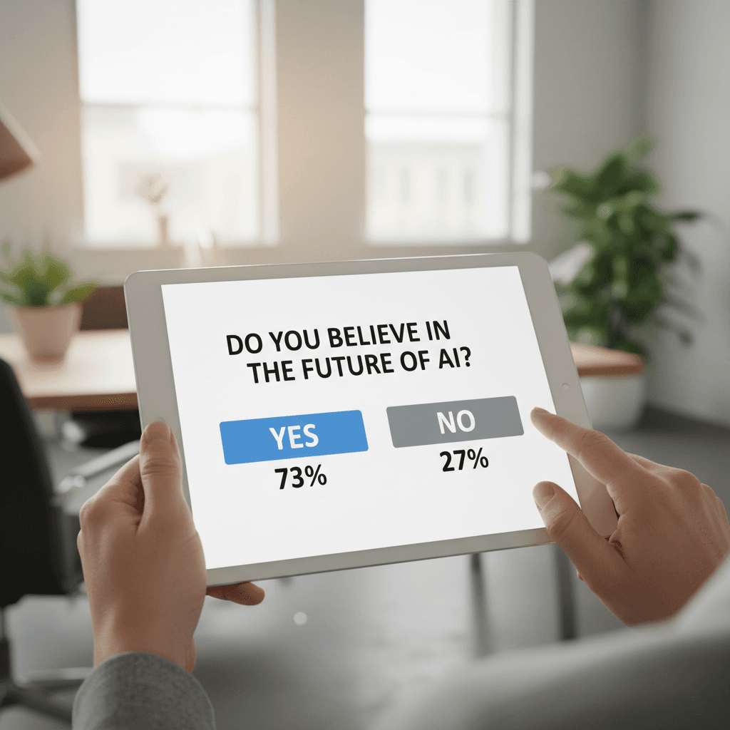Respondent's hands holding tablet showing polling question with yes-or-no buttons and real-time result percentages visible