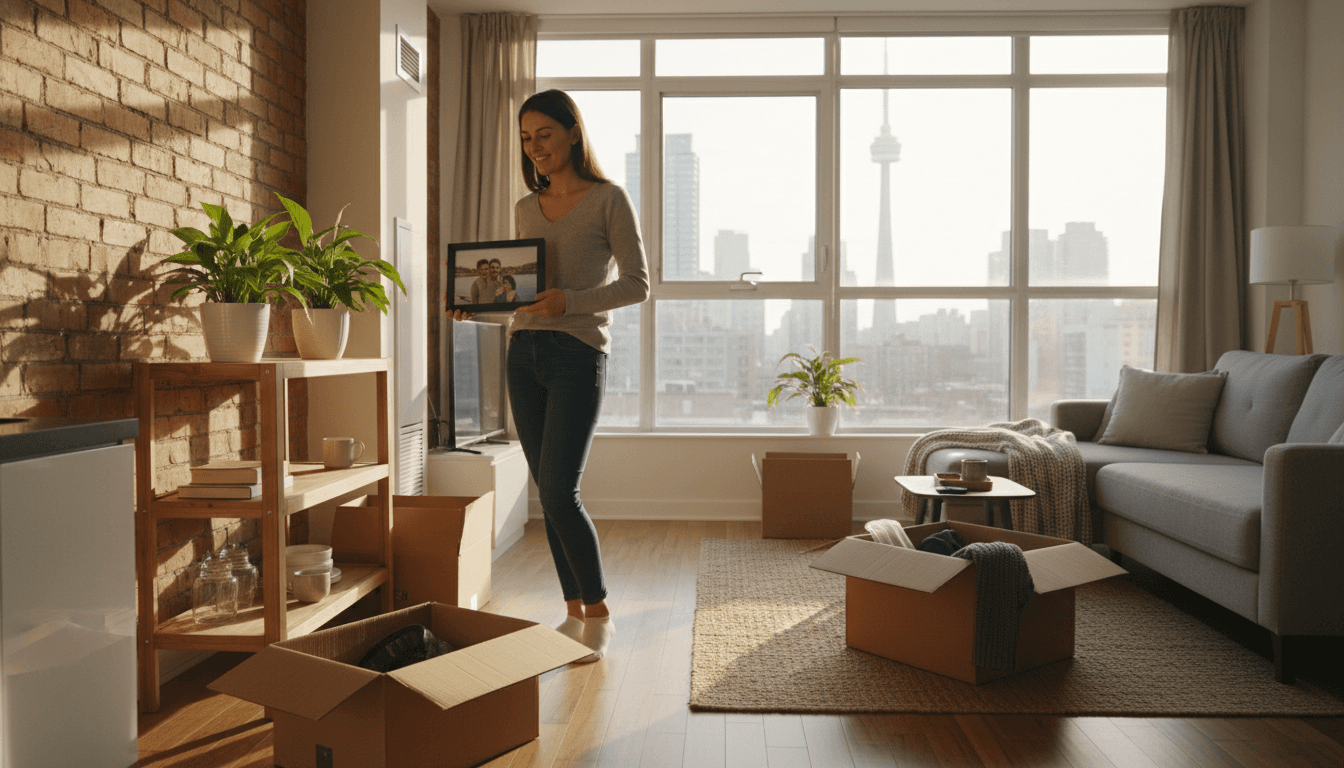 Woman unpacking and settling into her new Canadian home with natural light and moving boxes