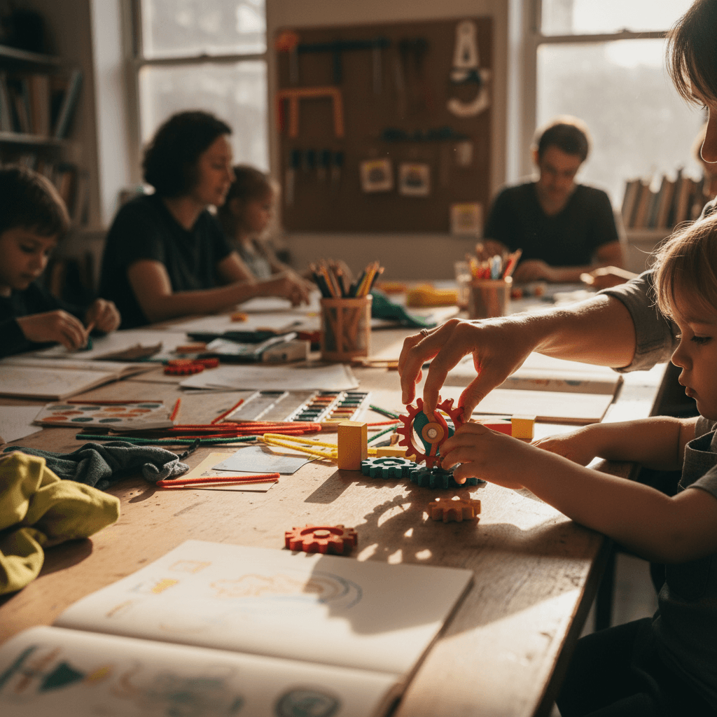 Family working together on language learning materials at home