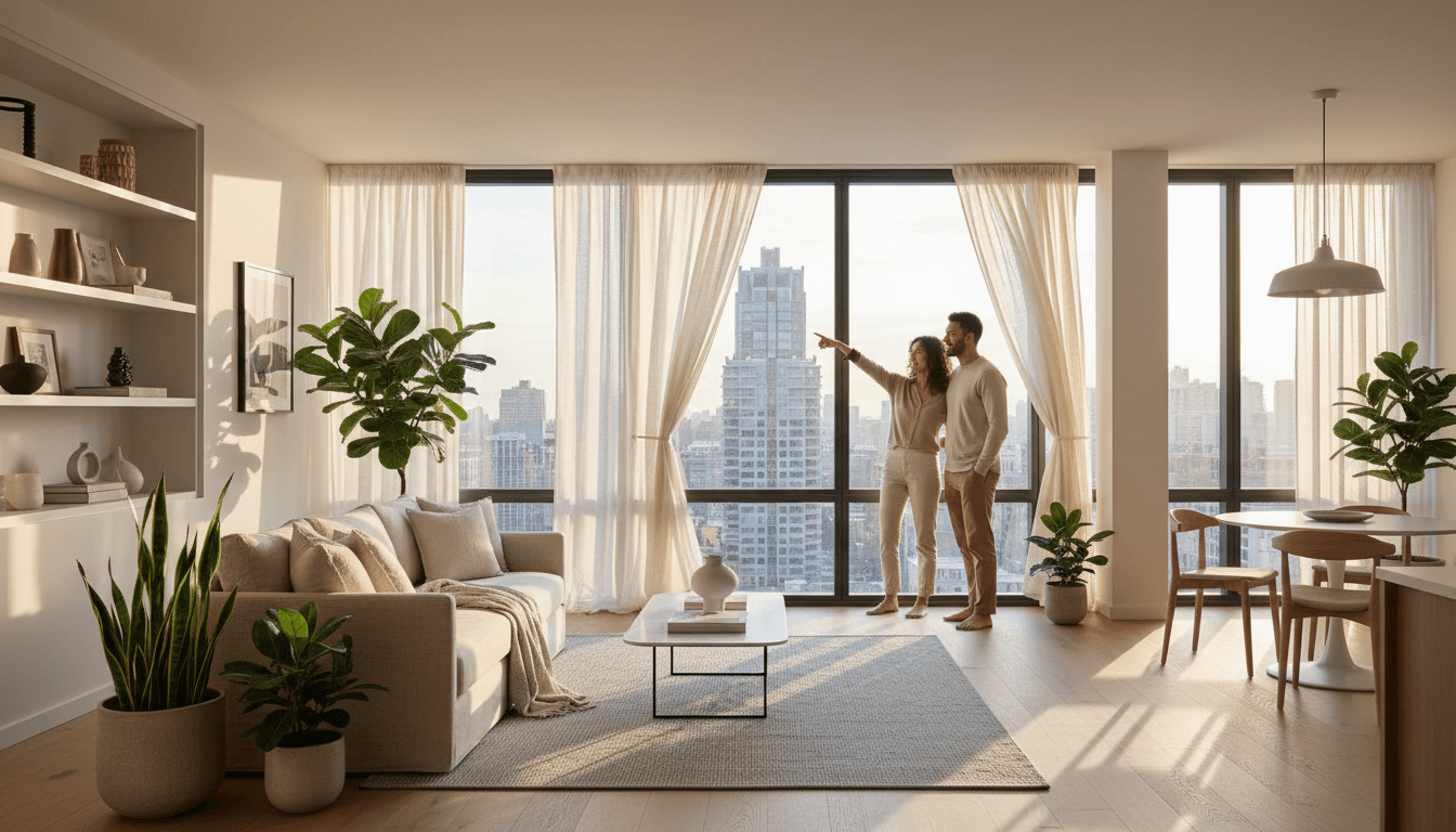 Couple arriving at their new Toronto home with moving boxes